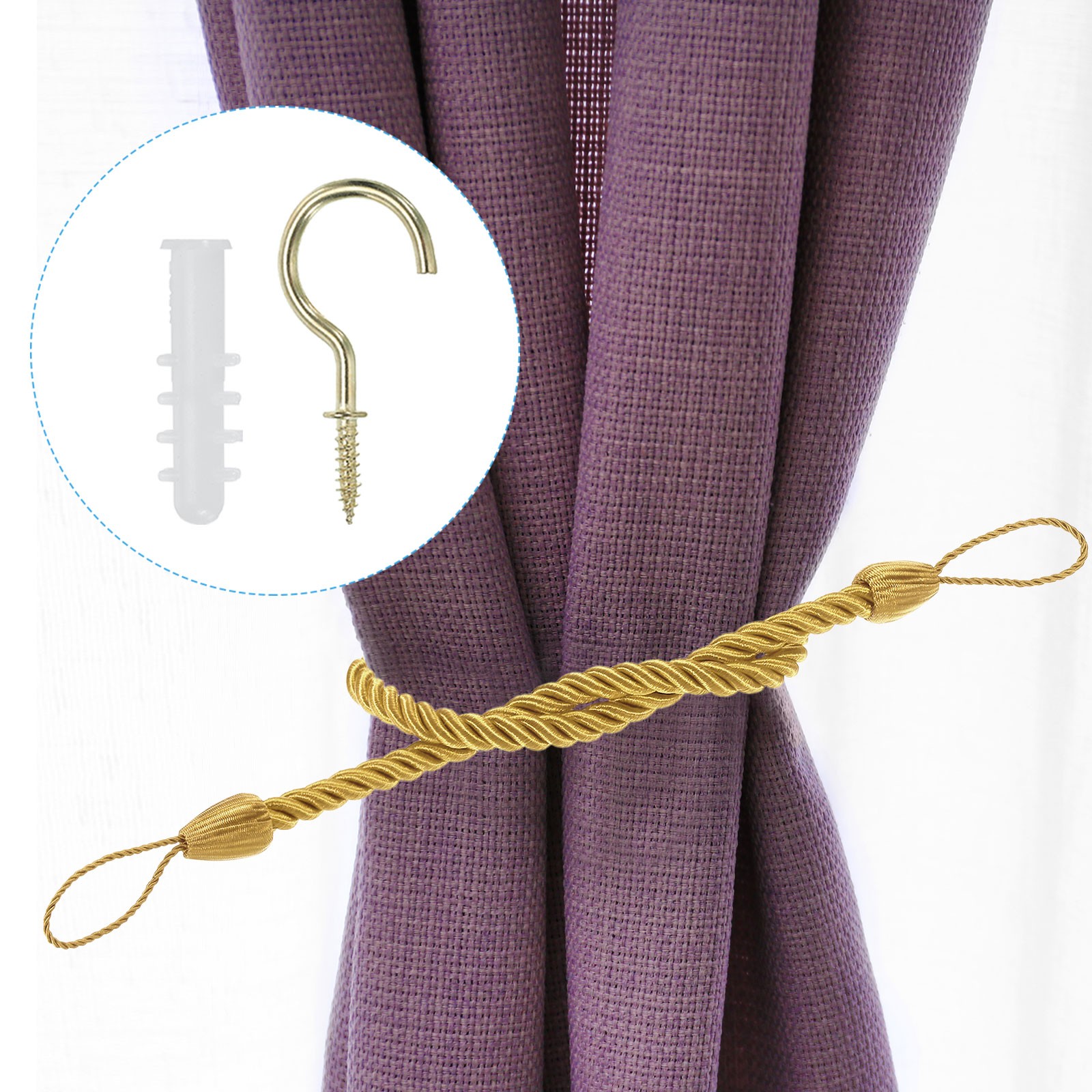 2pcs Curtain Tiebacks Ropes with Hooks Bolts Gold Yellow