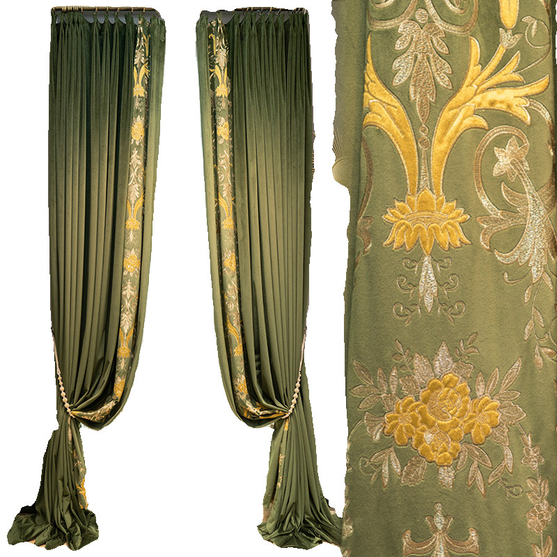 Custom green velvet embroidery thick French cloth curtain tulle drape C1774