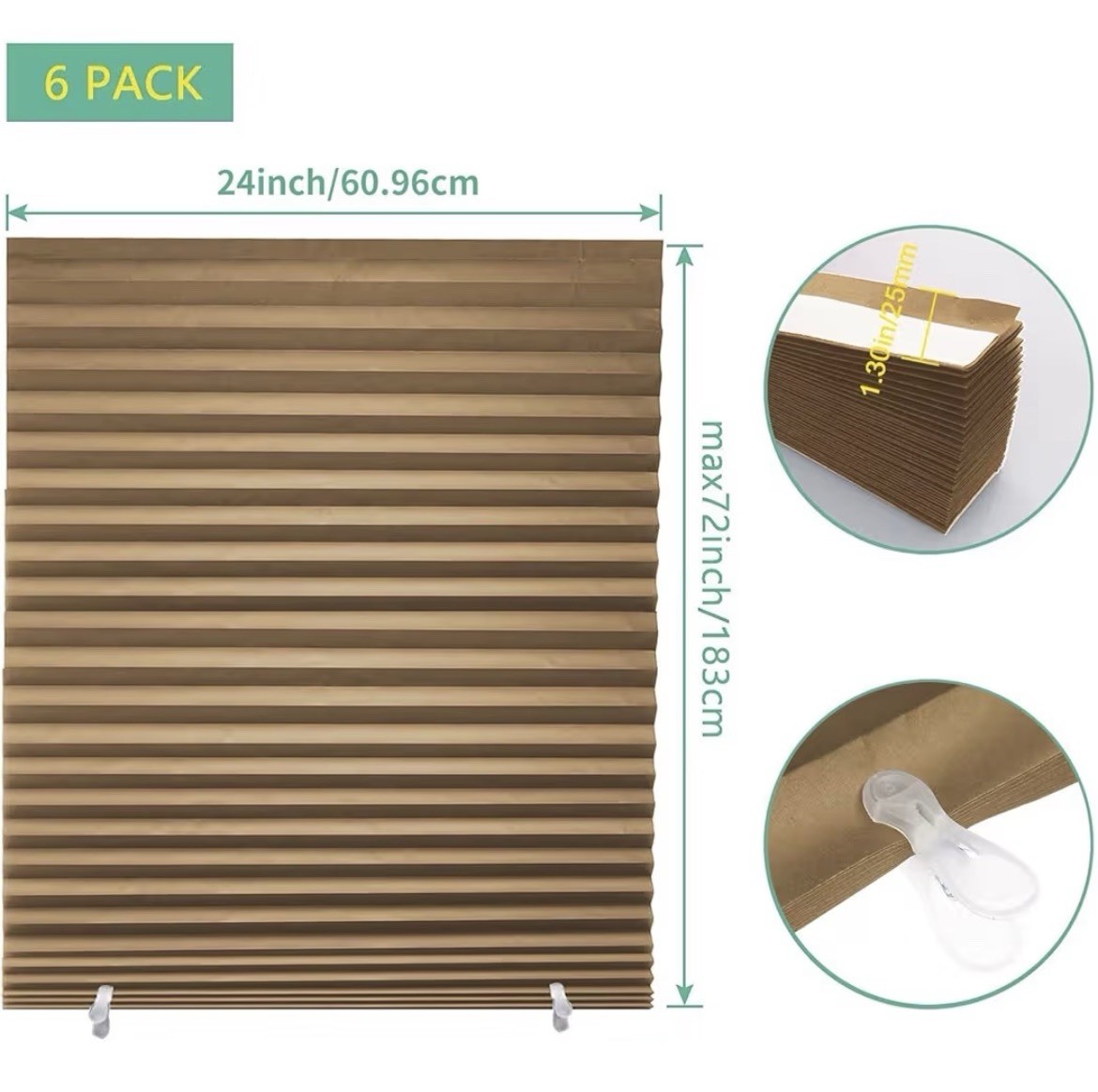 6 Pack Brown Kraft Paper Pleated Shades 24×72″ No Drill Window Blinds NEW