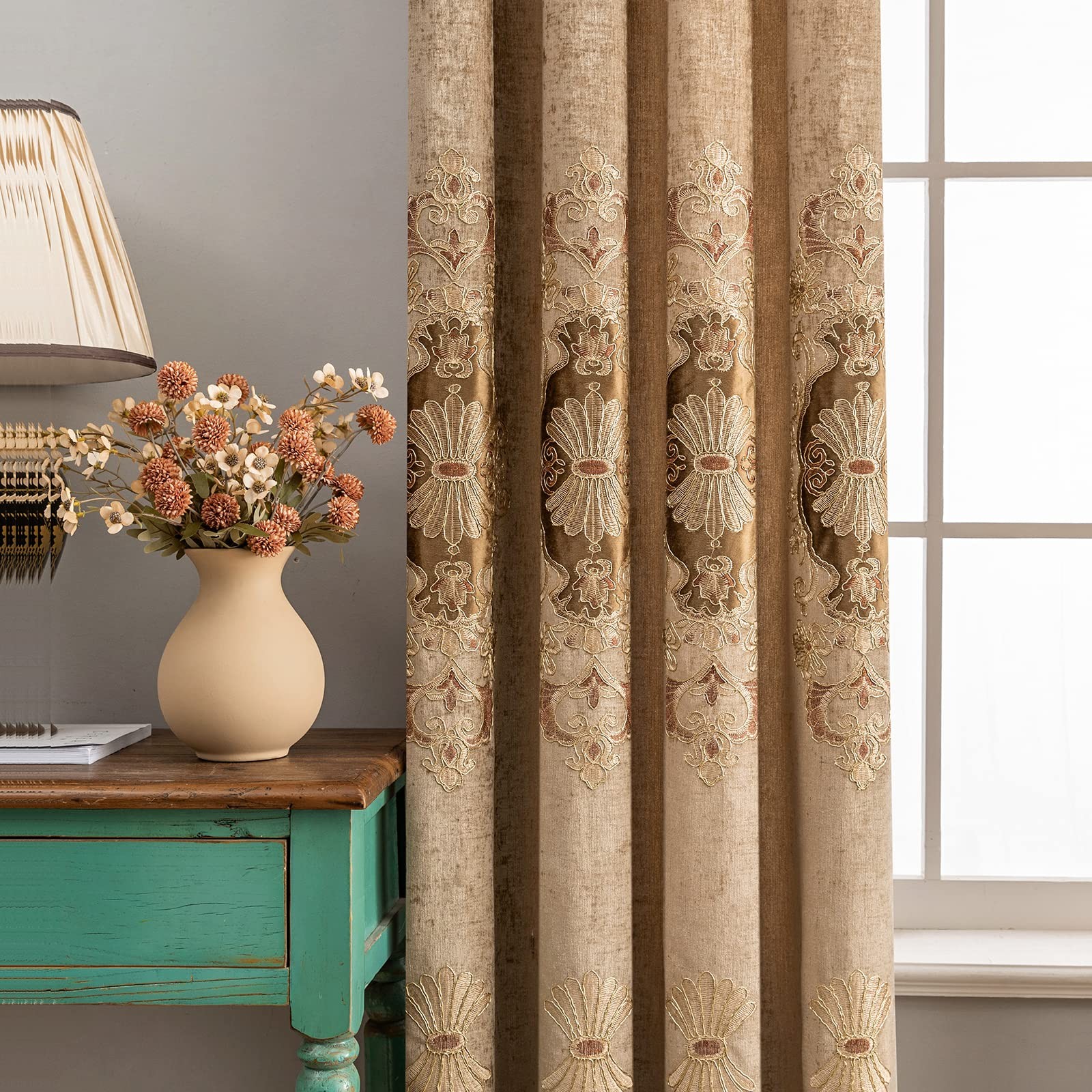 Elkca Coffee Chenille Curtain Classical Embroidered Pattern For Living Room