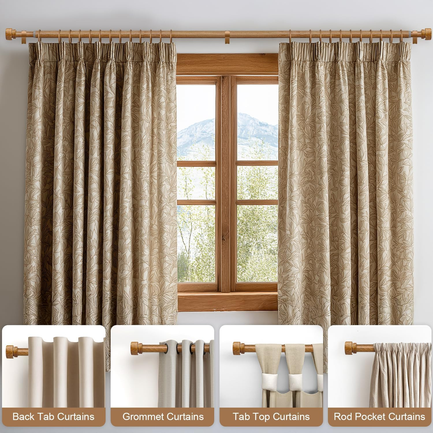 Wood Curtain Rods for Windows 66 to 120 Inches 1″ Diameter Boho Decorative Heavy
