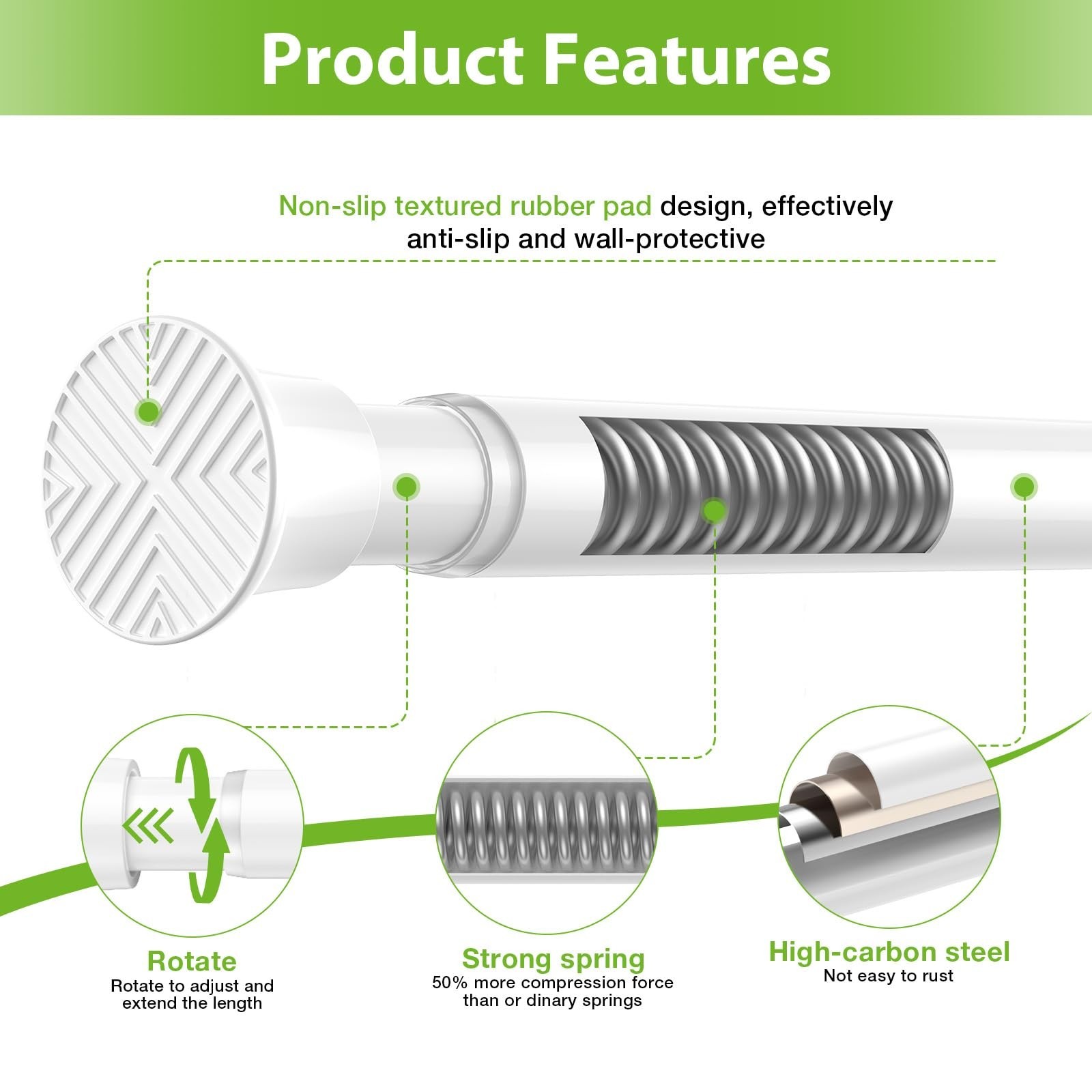 Adjustable Spring Tension Curtain Rod 31-76 Inch – No Drill, White, 7/8″ Diamete