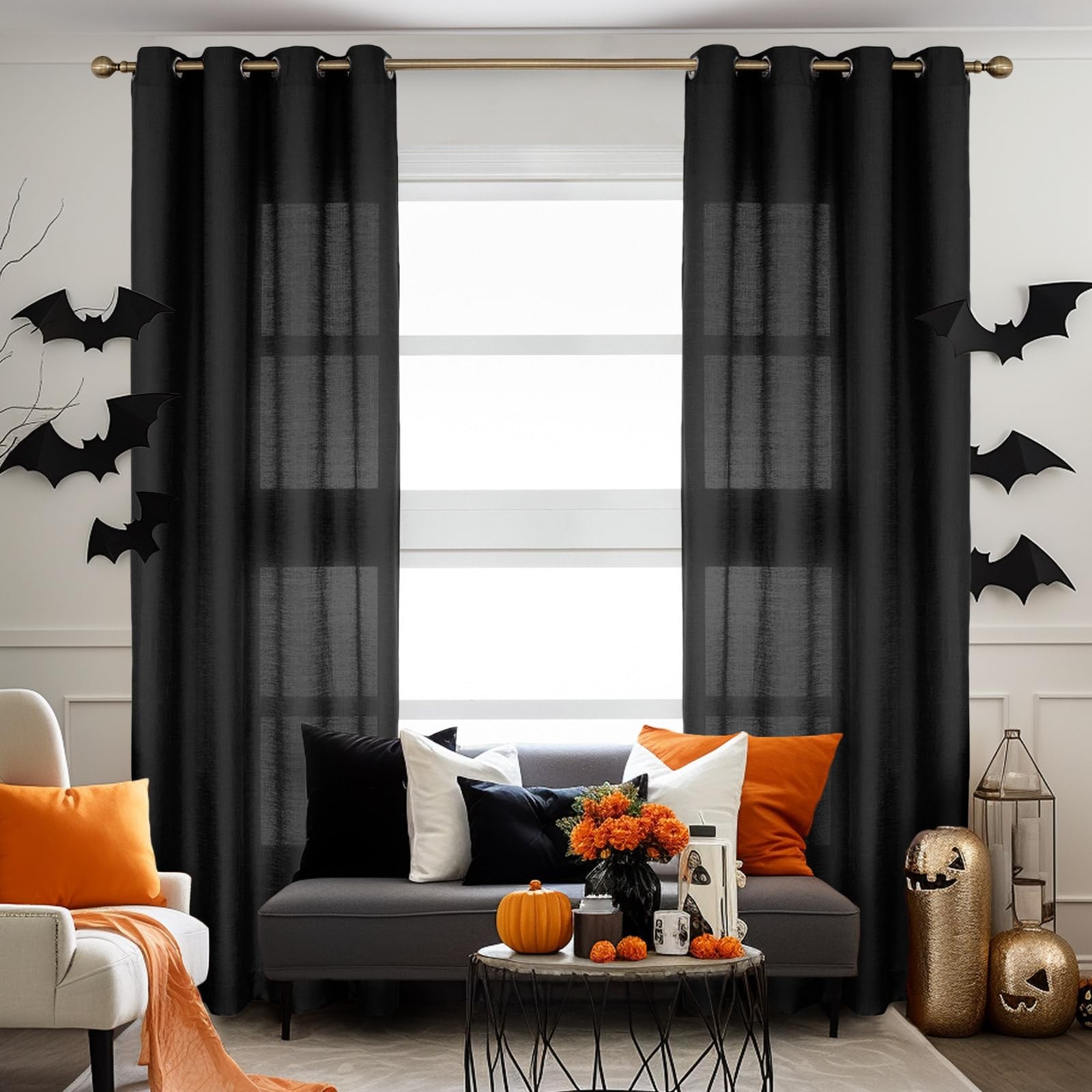 Melodieux Black Semi Sheer Curtains 84 Inches Long For Living Room Bedroom Flax