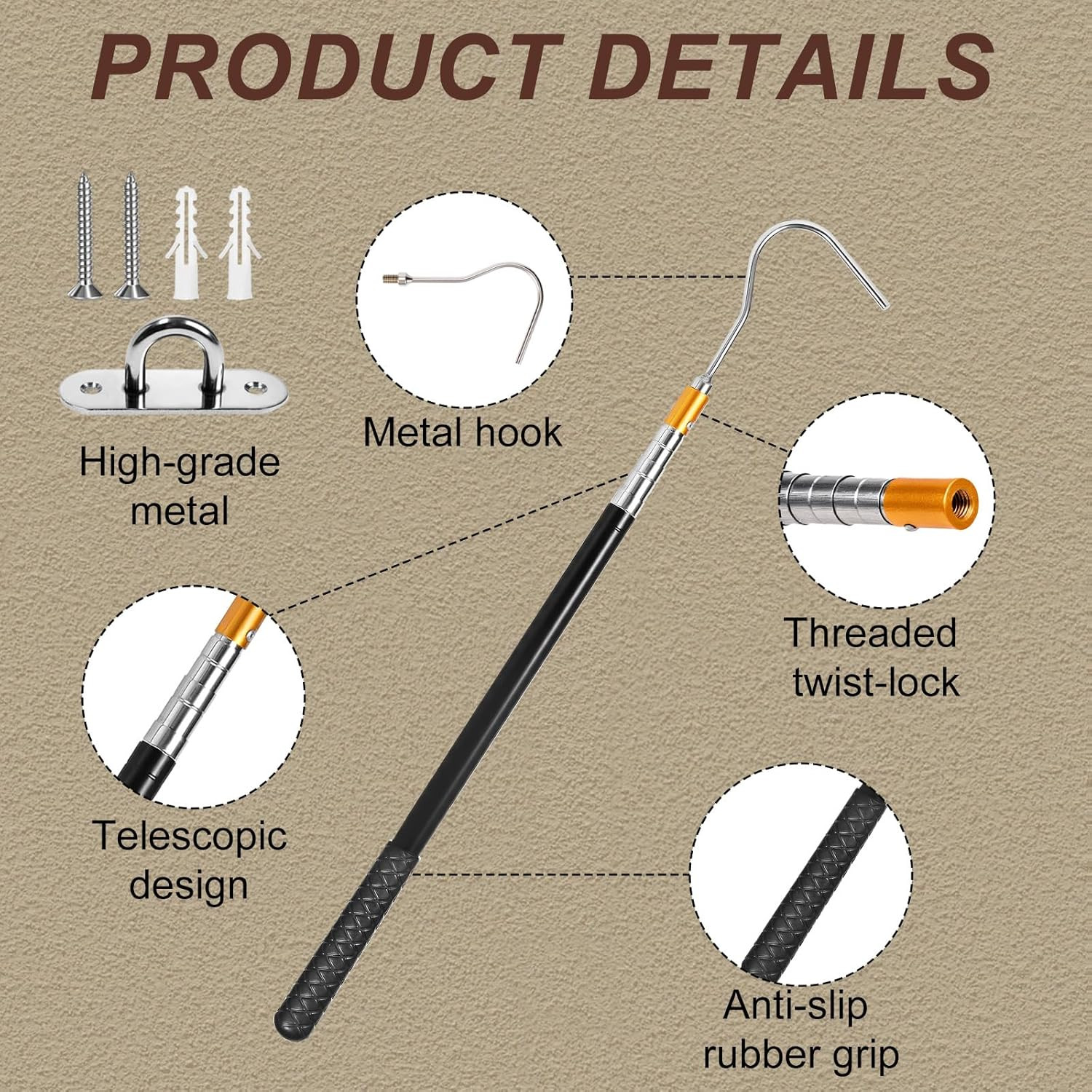 Attic Pull down Hook, 63-Inch Telescopic Attic Pull down Rod, Premium Stainless