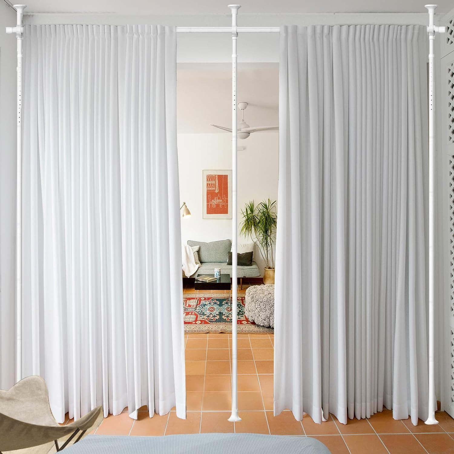 Room Conner Divider Partition 28″~114″ Wide x48~120″ high Tension white pole Rod
