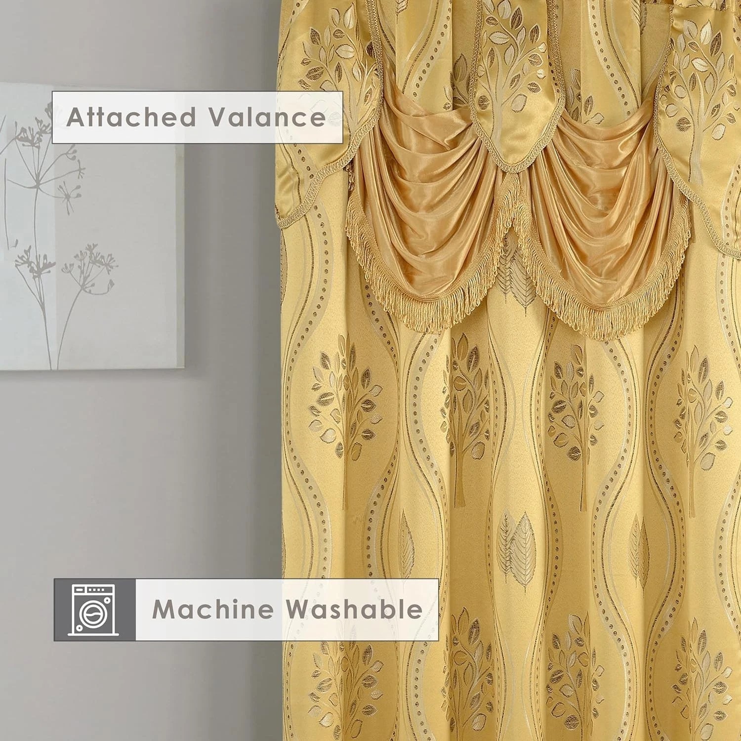 Decorative Gold Jacquard Curtains with Attached Valance 54 by 84 for Home Decor
