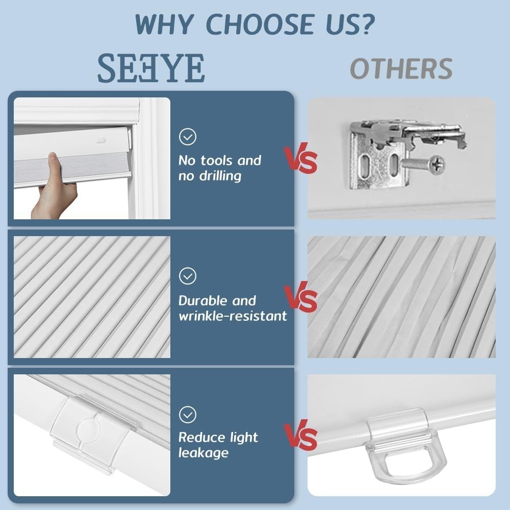 SEEYE No Drill Cordless Cellular Shades, Light Filtering 66″ W x 64″ H White