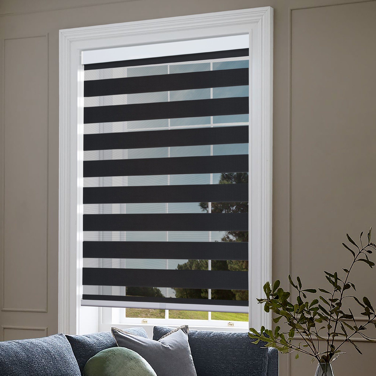 Cordless Zebra Roller Blinds Sheer Shades, Sheer or Privacy – Black, 40″W X 72″H
