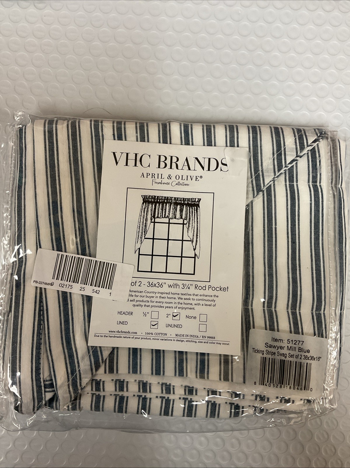 VHC BRANDS 36in x 36inL Cotton Set Of 2 Swag Denim Blue/ White Stripe