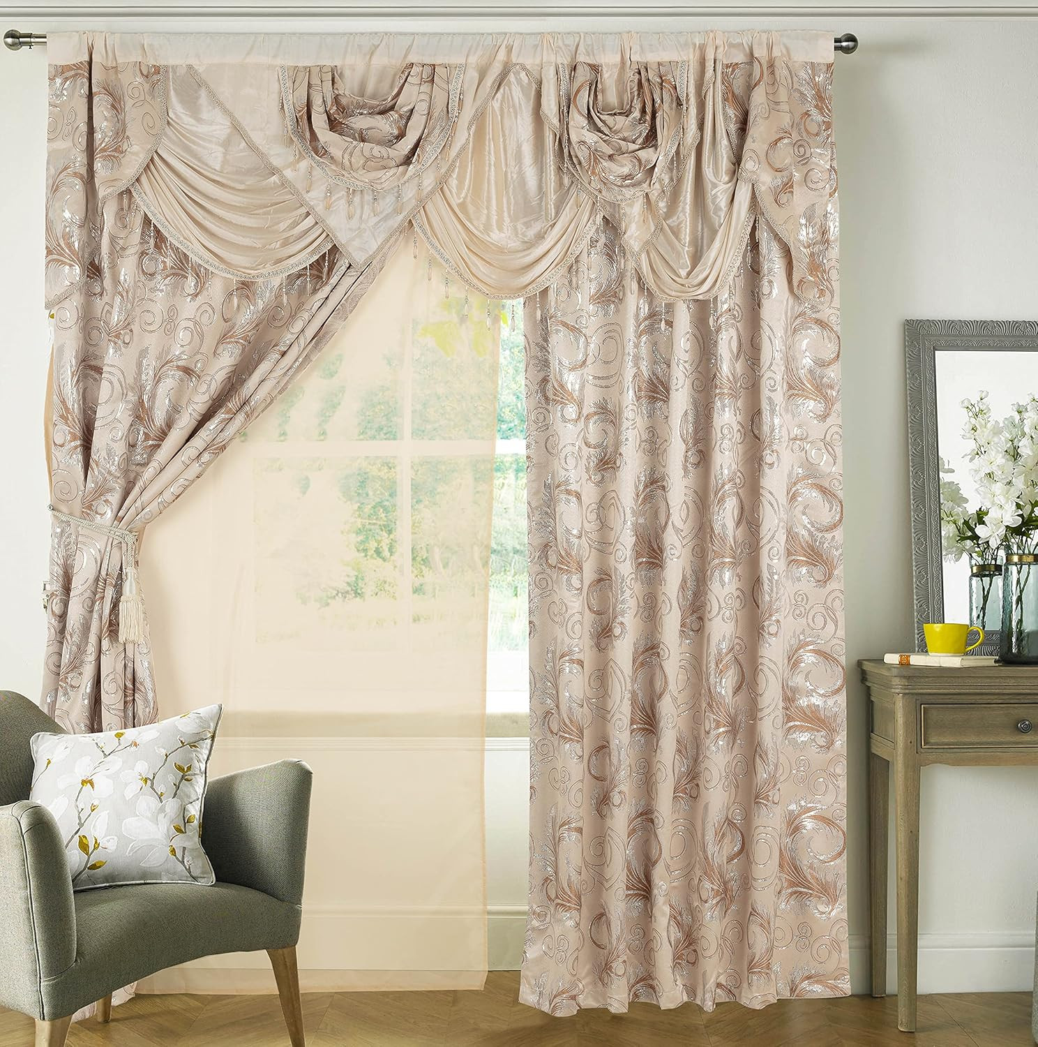 Jacquard Luxury Window 2 Panel Set Beige Curtain with Attached Valance and Backi