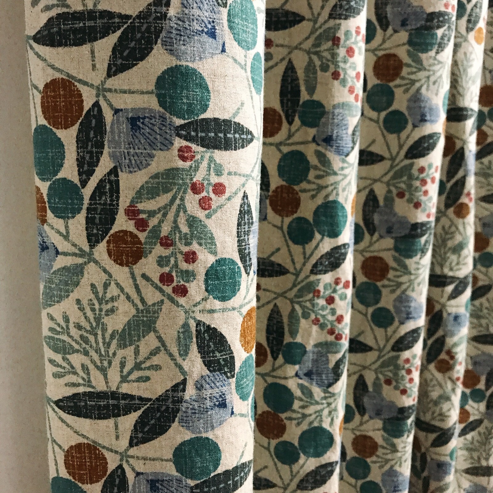 Modern Vintage Handmade Teal Cherry Blossom Pattern Natural Beige Curtain Panels