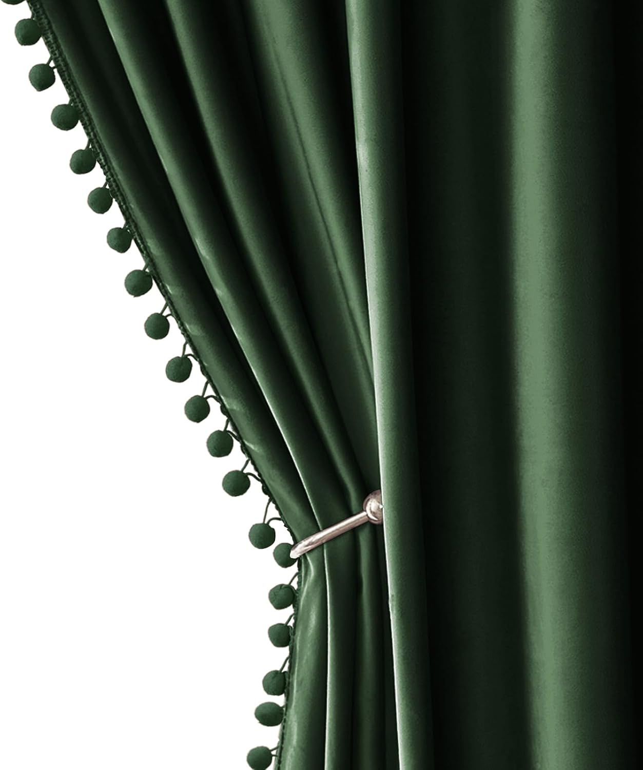 Emerald Green Velvet Blackout Curtains with Pom Poms, 96″ Set of 2