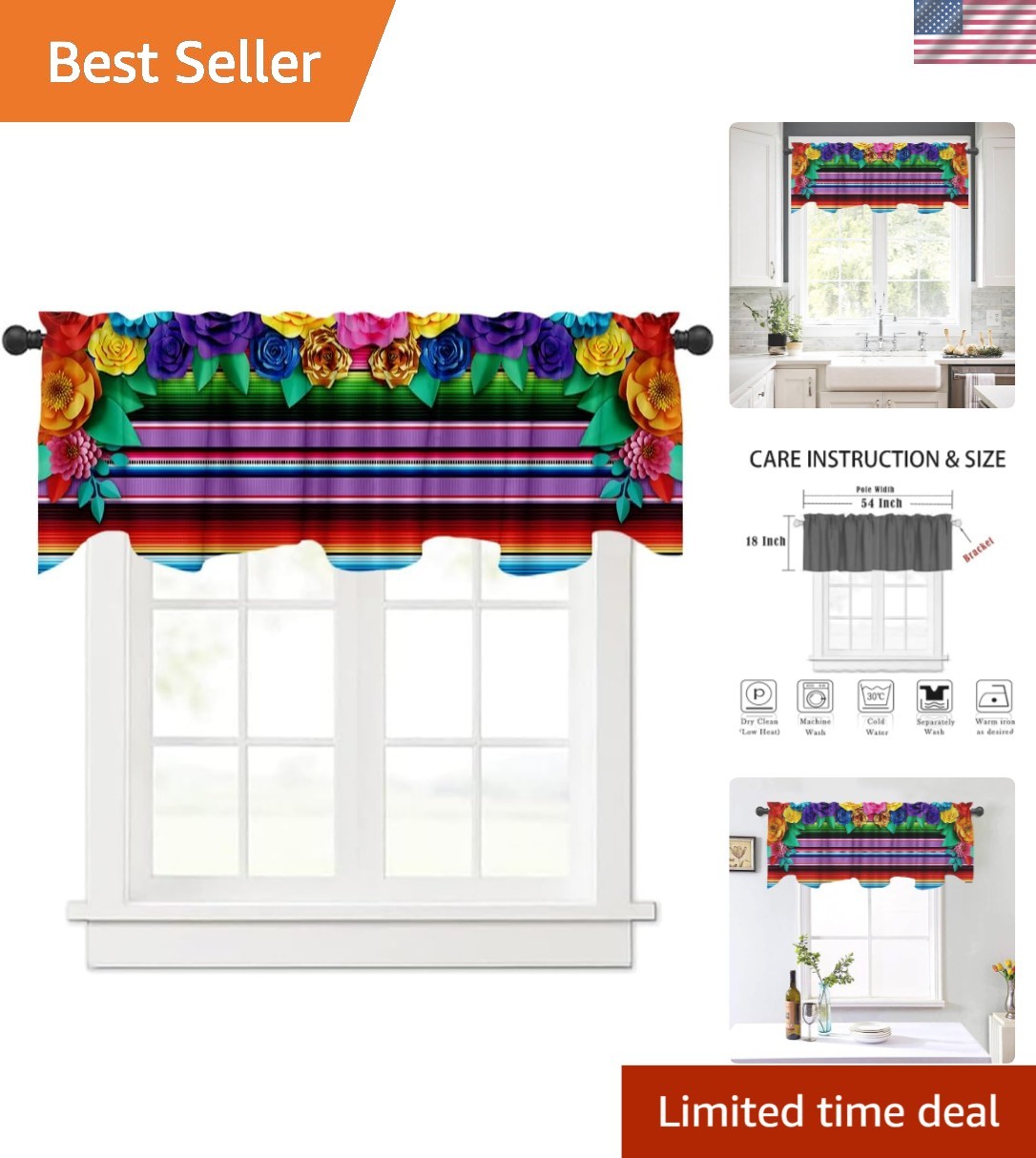 54×18 Mexican Fiesta Window Valance – Bright Floral Decor for Celebrations