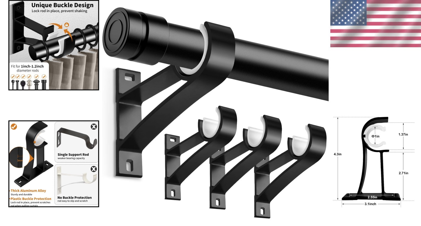 Versatile Heavy-Duty Wall-Mounted Curtain Rod Holders – Set of 4 Black Brackets