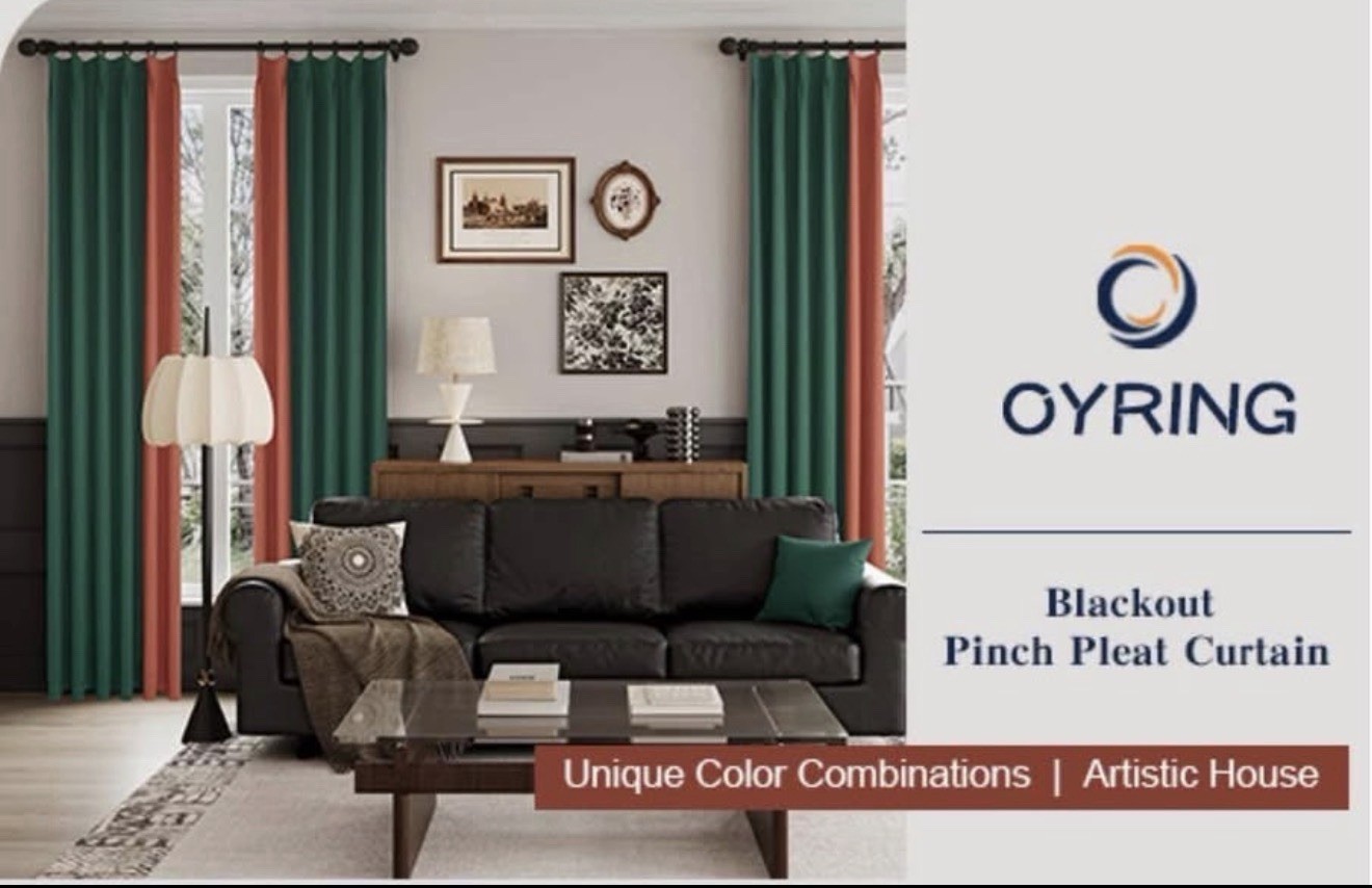 OYRING Blackout Pinch Pleat Curtains Green & Orange 42×96 Set of 2 New