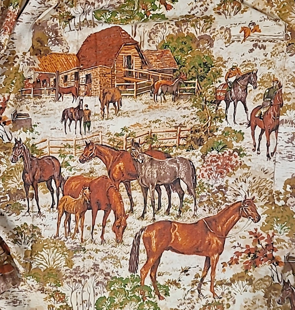 Vintage Riverdale Screen Print 1978 Fabric/Drapes ** Horses/Cottage