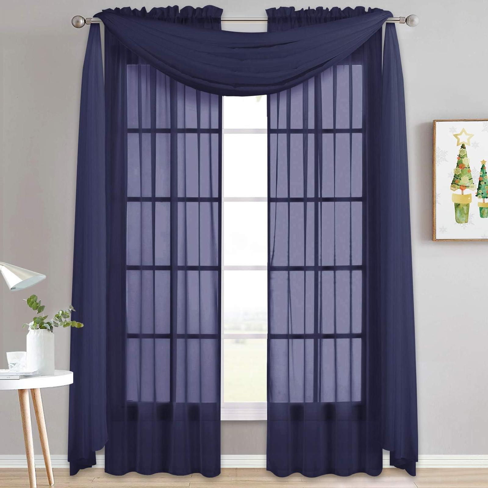 Dark Blue Sheer Window Scarves Set of 2 Voile Sheer Curtains for Kids Room Party