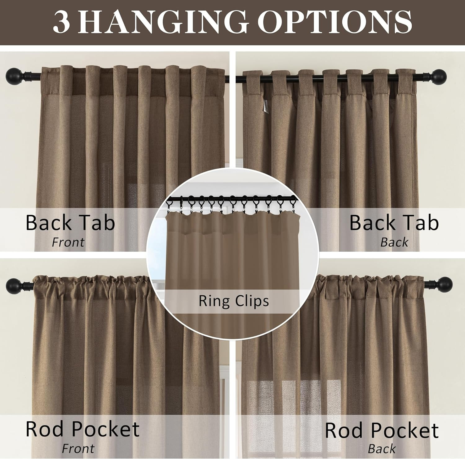 Natural Linen Blended Curtains – Back Tab Window Treatments Panels Drapes for Li