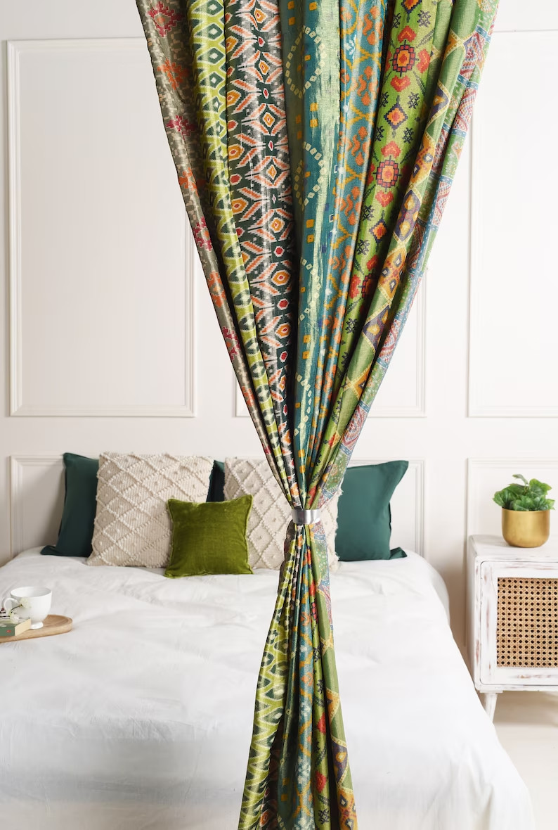 2 Pcs Indian Sari Patchwork Curtain Drape Window Decor Green Silk Sari Curtain
