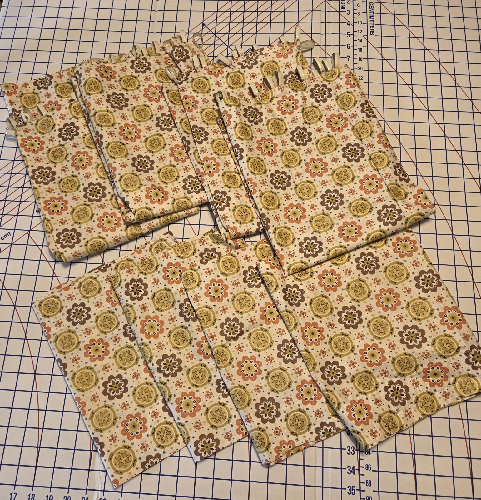 Set Of 4 60-70s Retro Vintage Handmade Floral Cotton Curtains Avocado Orange