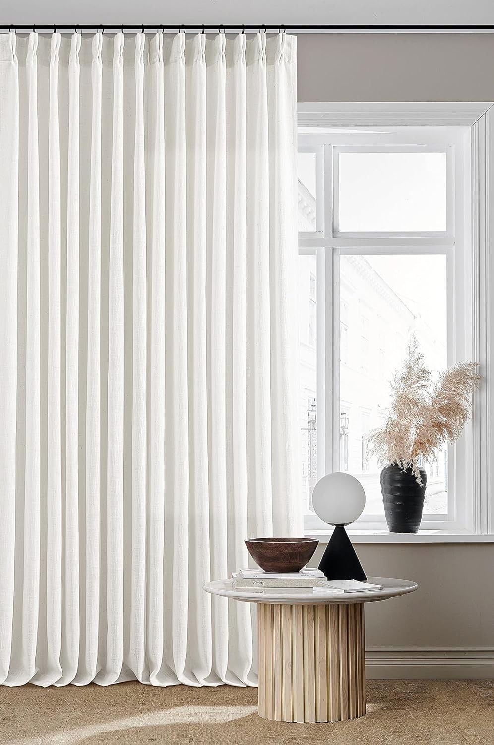 Pinch Pleated Linen Curtains 96 Inch Light Filtering Drapes 2 Panels Neutral