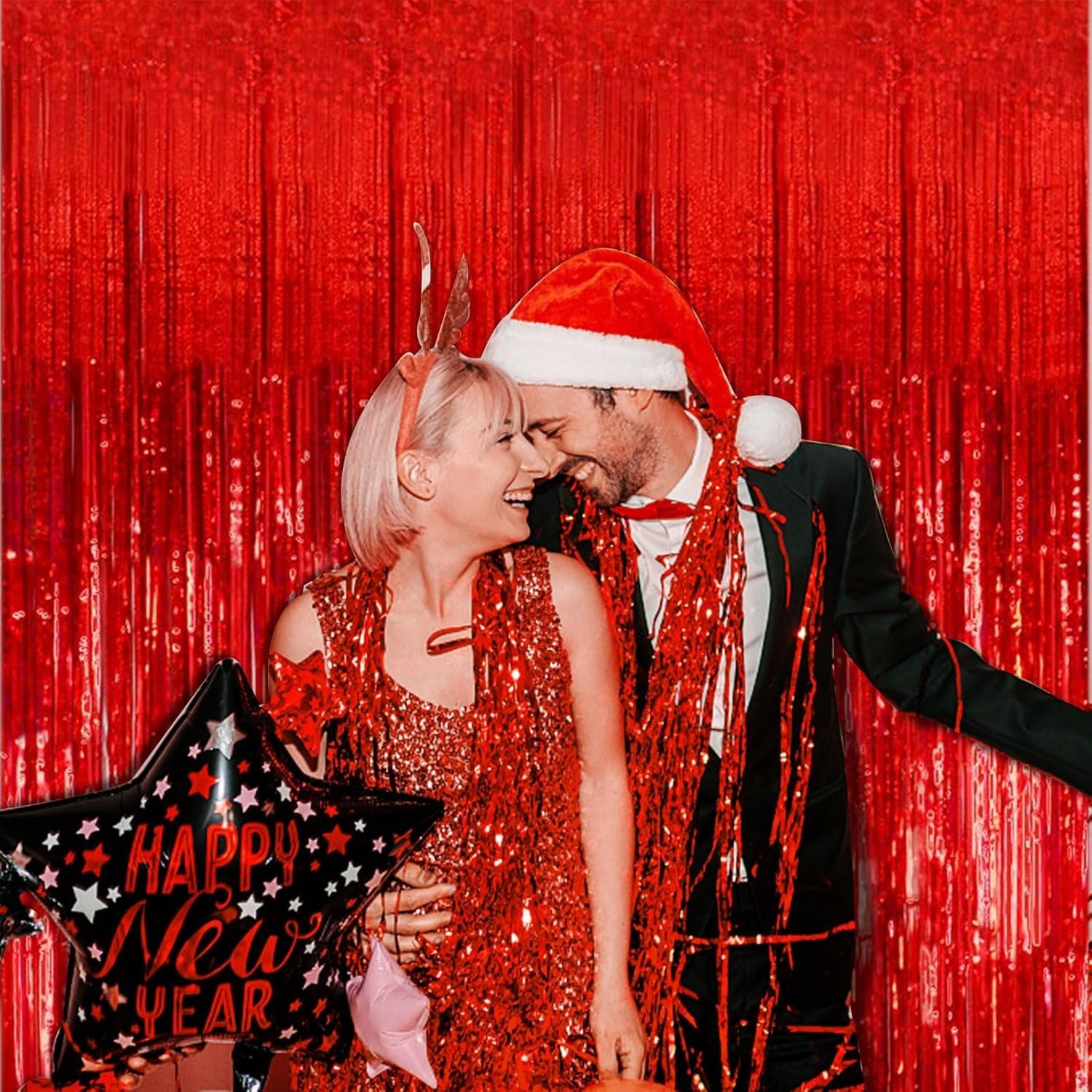 2 Pack Foil Curtain Backdrop Red Metallic Tinsel Foil Fringe Curtains Photo B…