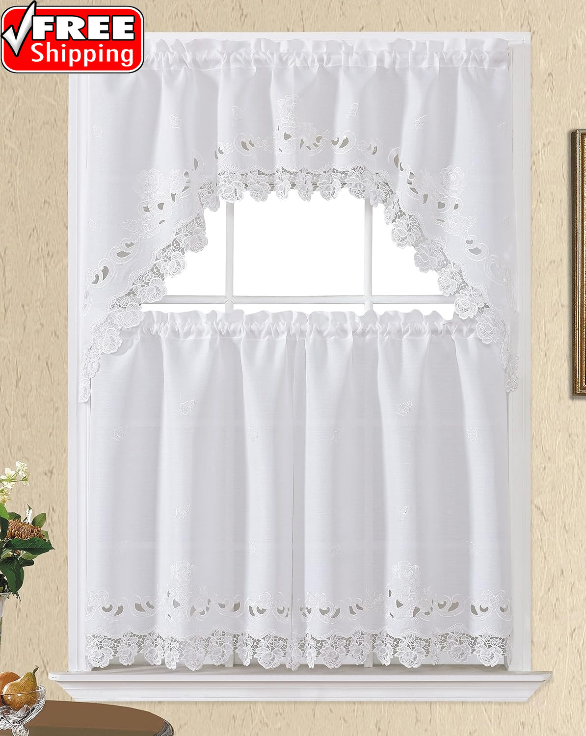 GOHD Lace Rosarium Kitchen Curtains, 3PCS Kitchen Curtains and Valances Set, Ele