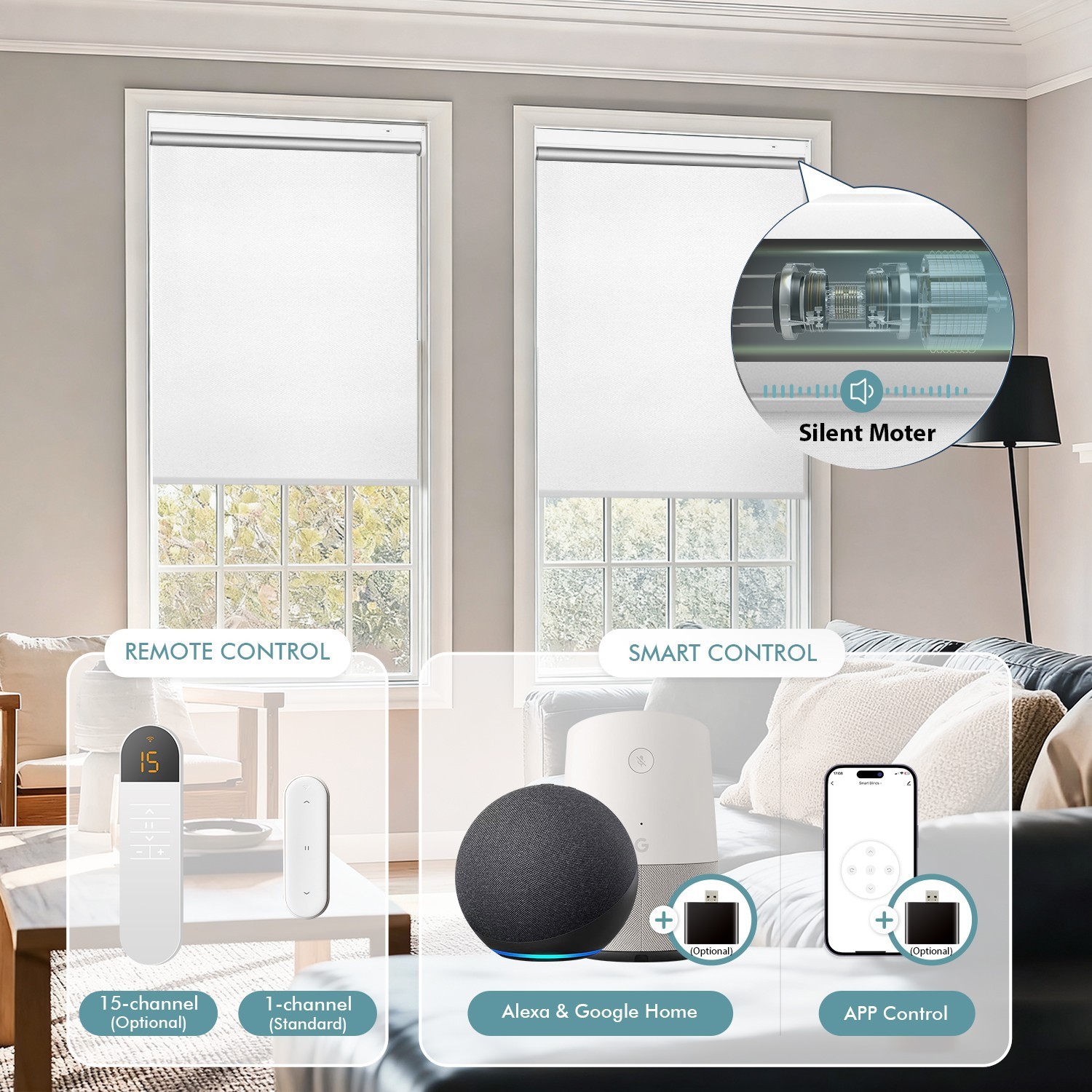 Motorized Roller Blinds with Remote Control【Solar Panel Included】total blackout