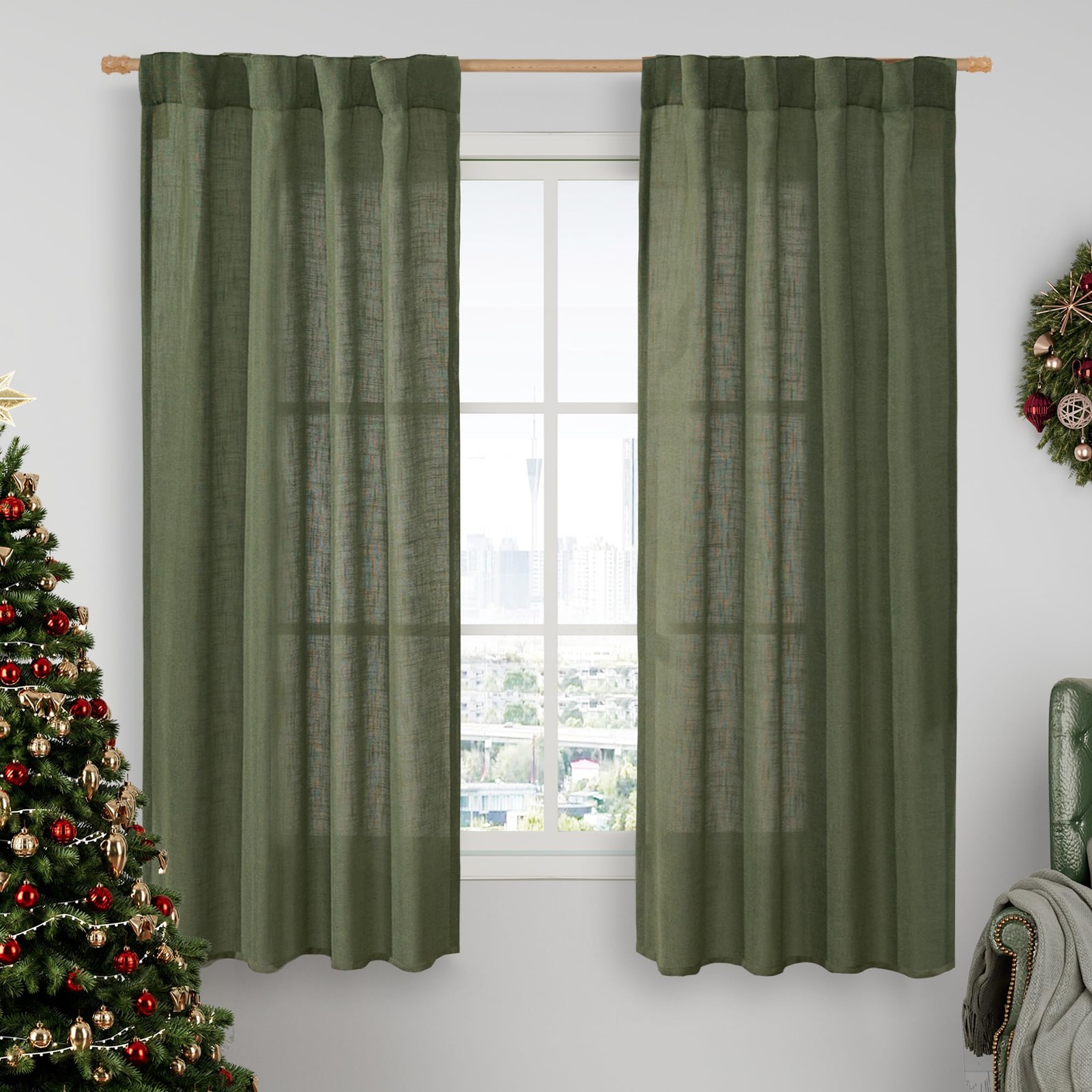 LAMIT Olive Green Linen Semi Sheer Curtains 63 Inch for Bedroom, Light Filte…