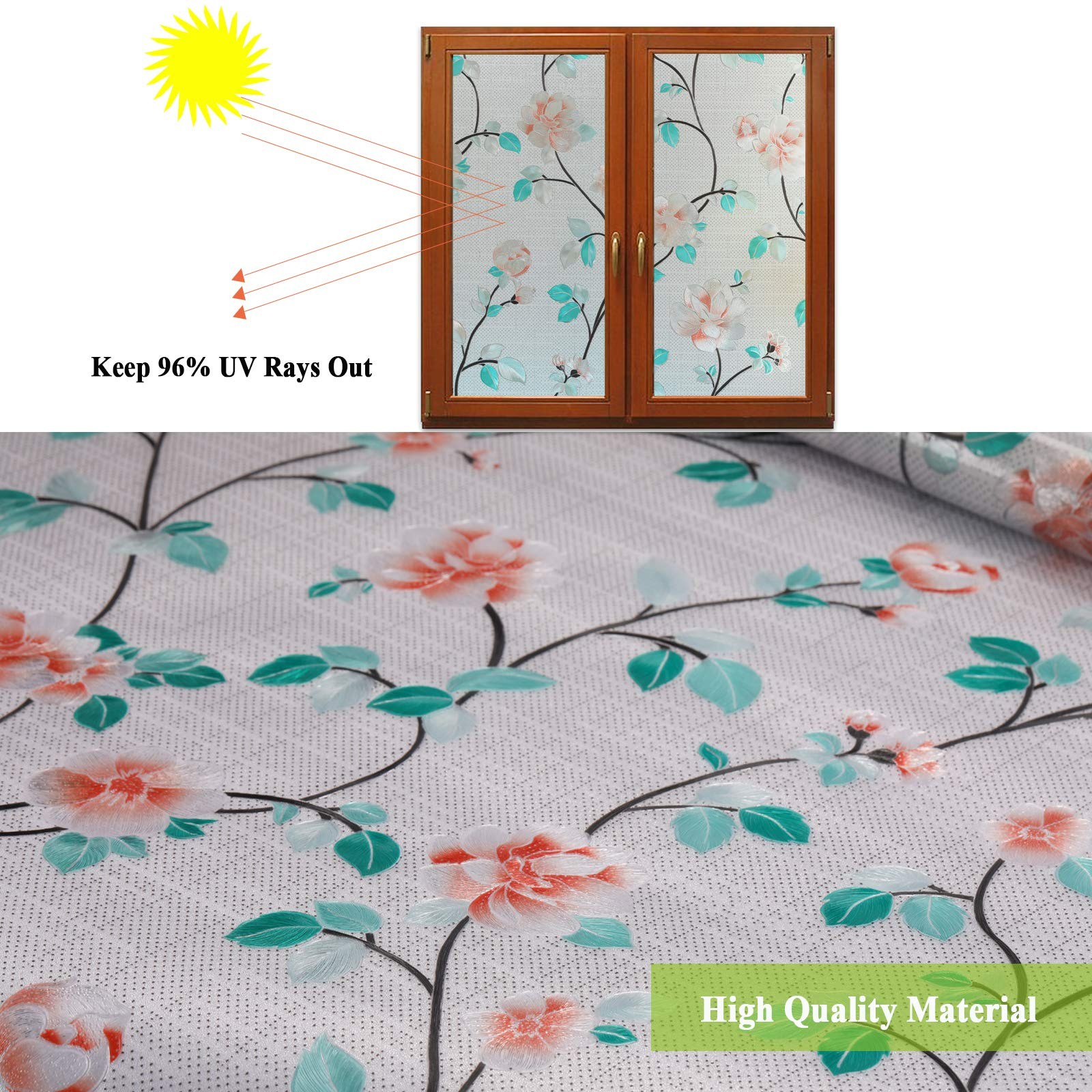 Decorative Window Film Flower, Static Cling Glass Door Privacy Film Non-Adhes…