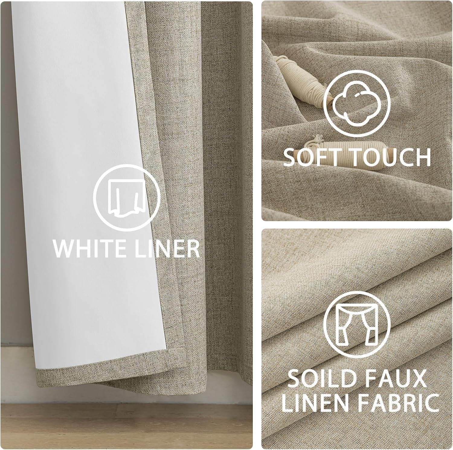 Natural Linen Thermal Blackout Curtains – 2 Panels, 84″ Long for Living Room