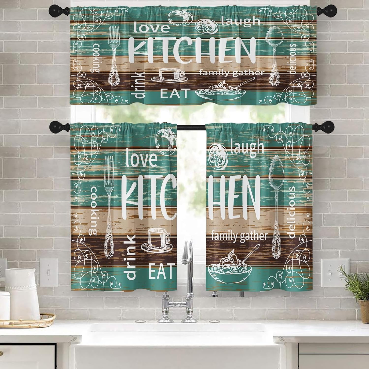 Farmhouse Rustic Kitchen Window Curtains Valance and Tier Set, Teal Turquoise Br