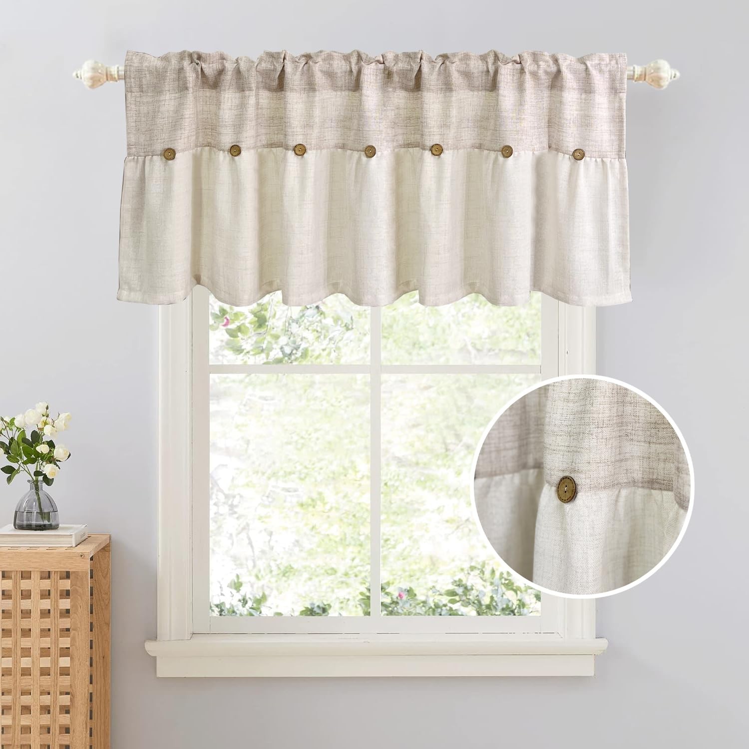 Farmhouse Boho Linen Button Valance for Kitchen Window Dining Room