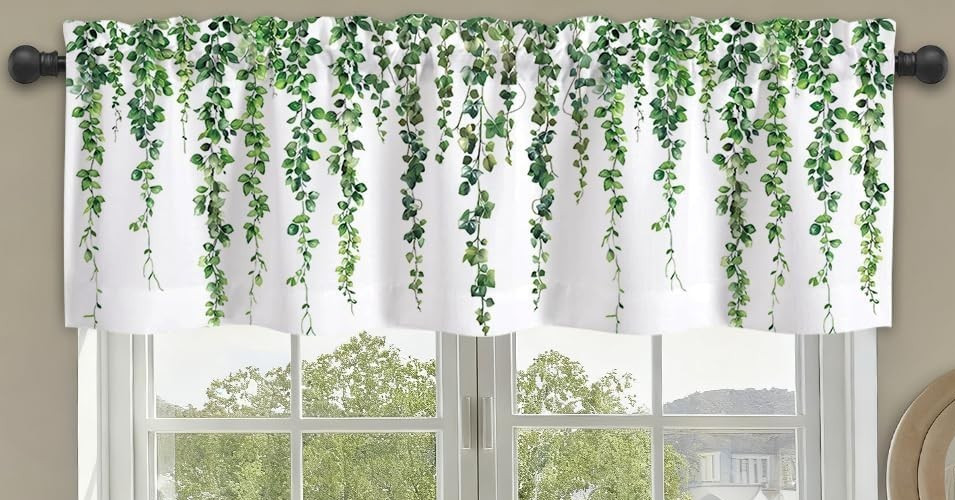 New-4 Window Valances, White with Green Leaf Vines 54″W X 18″L – holds 1-3″ rod