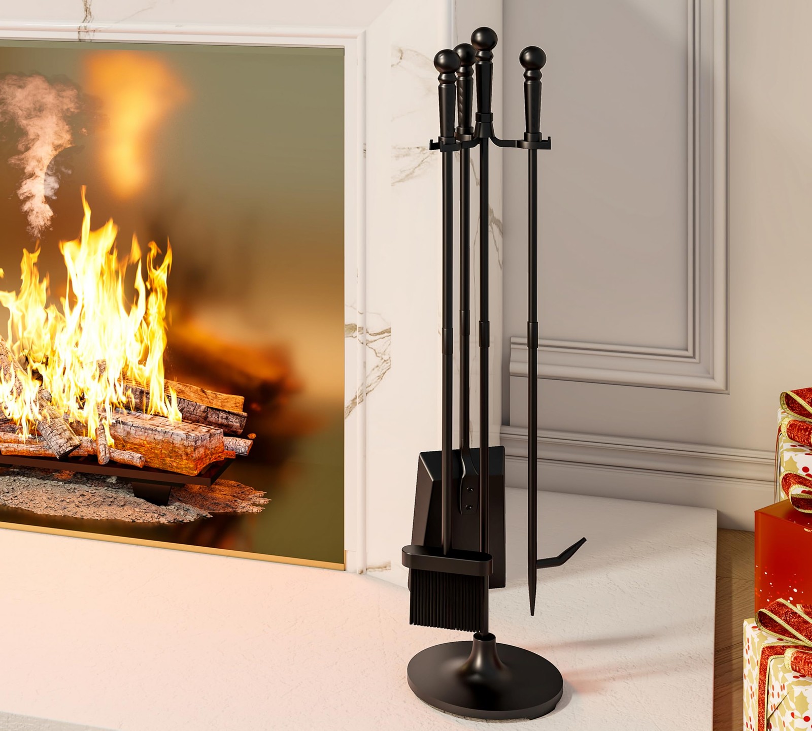Fireplace Tools Set 4 Pieces Black Wrought Iron Fire Tool Set for Outdoor/Ind…