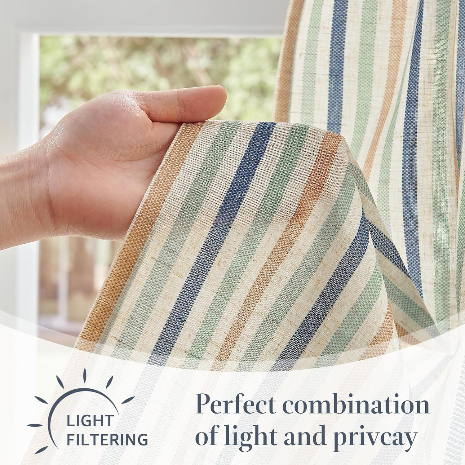 Striped Linen Kitchen Tier Curtains, 20 Inch, Coastal, 2 Panels | Light-Filterin