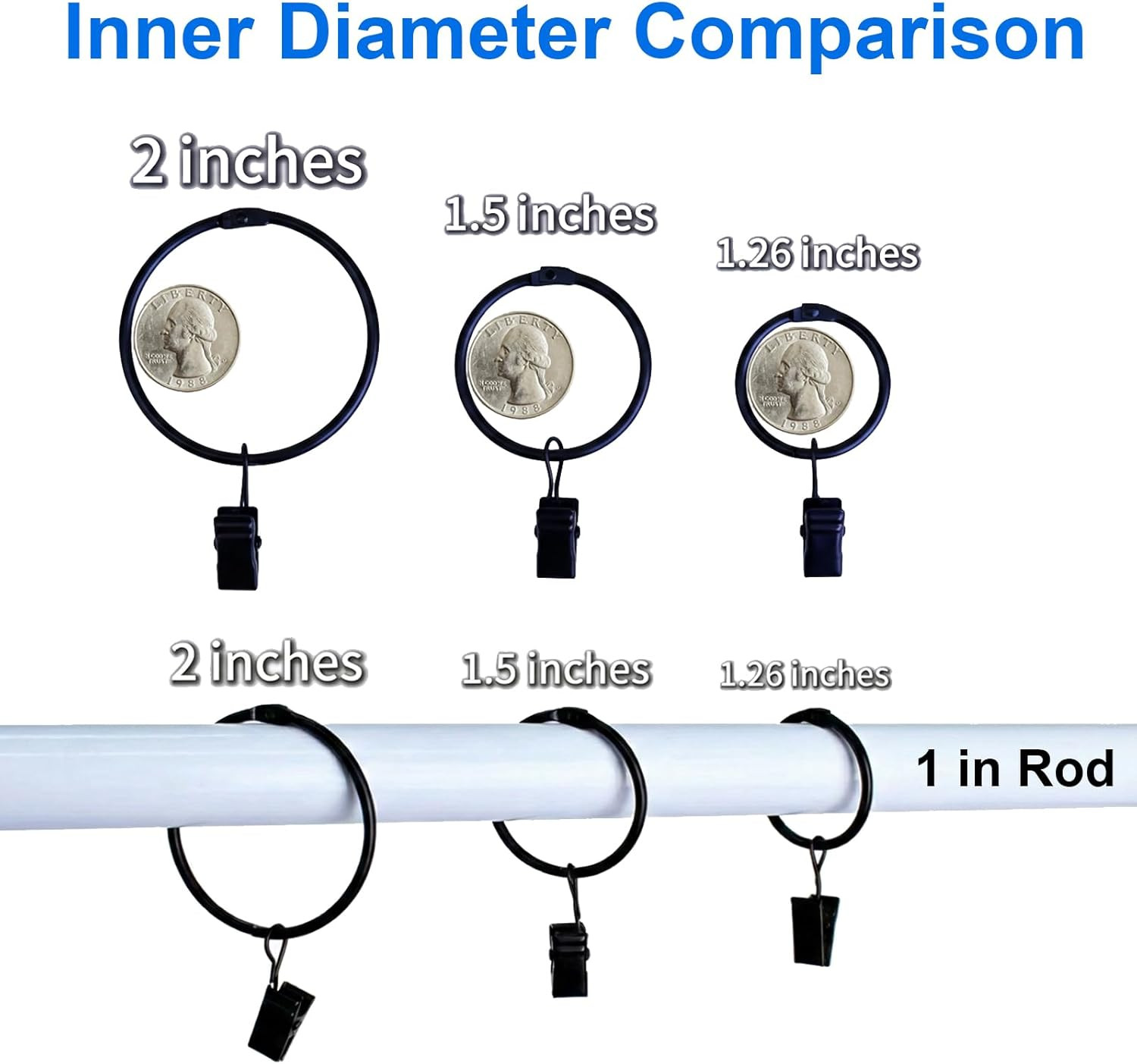 40 Pack 1.5 Inches Curtain Rings with Clips, Openable Drapery Metal Clip Iron Dr