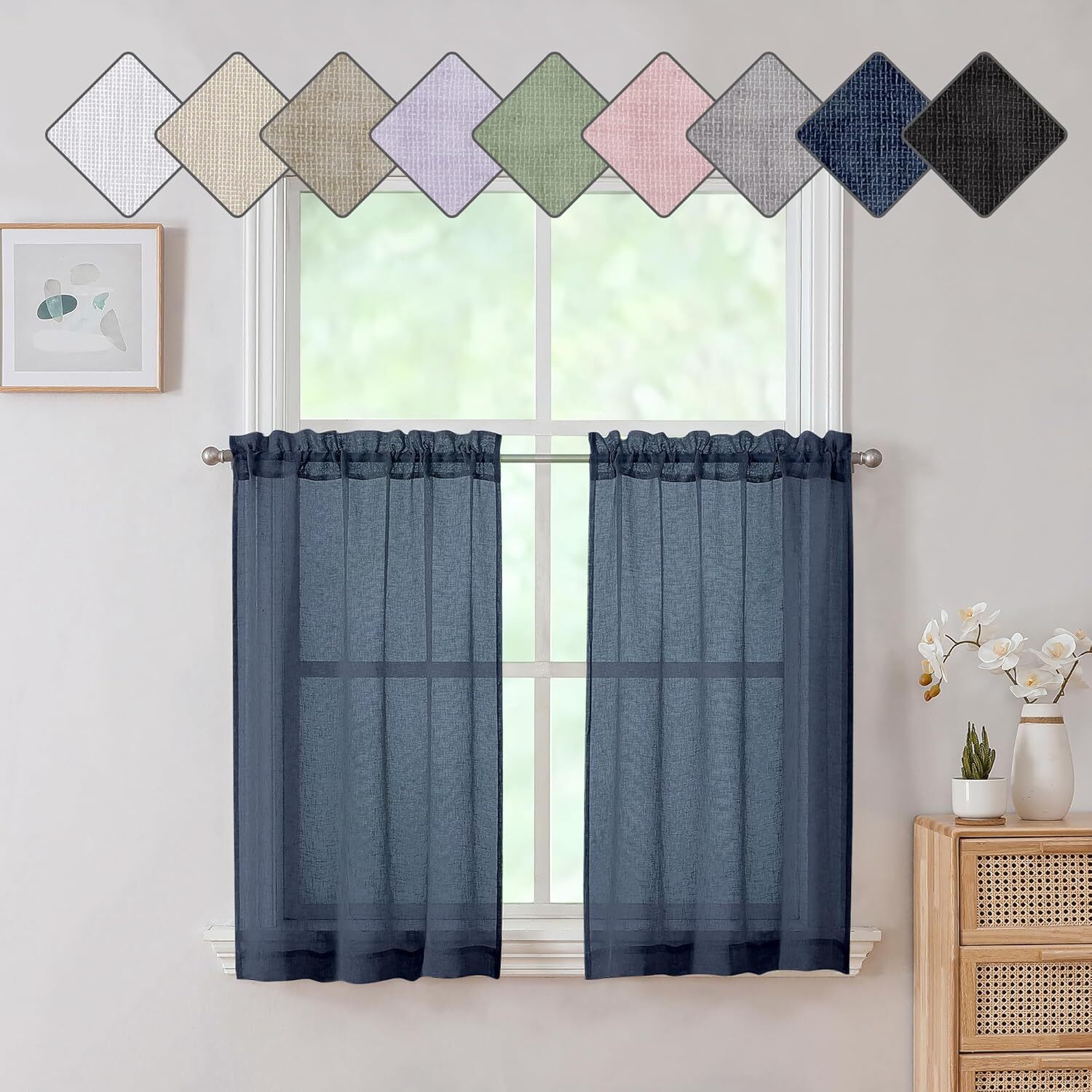 Dianna Sheer Kitchen Curtains 36 inch Length 2 Panels, Faux 2X30X36″ Navy Blue