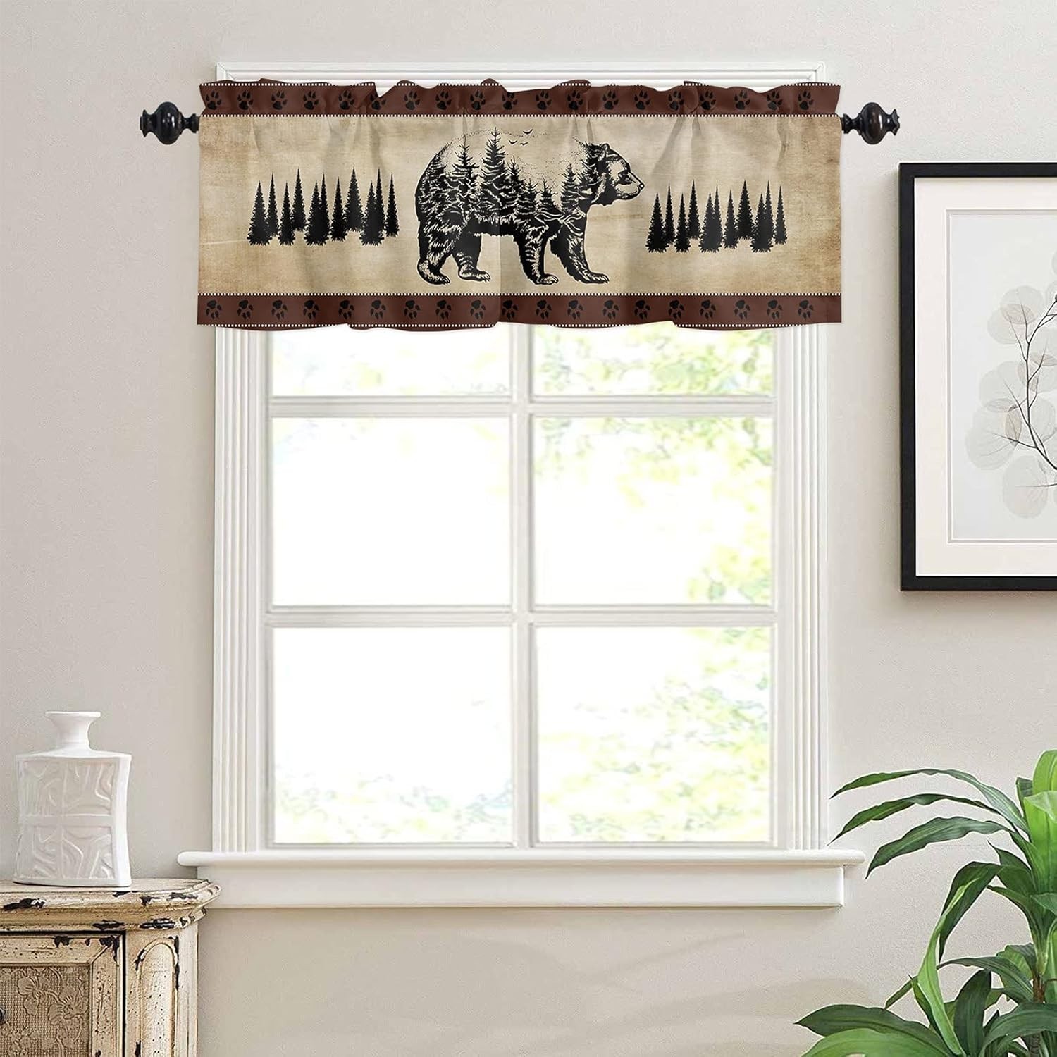 Cabin Curtain Valance for Windows Rustic Black Bear Pine Tree Silhouette 4 pack.