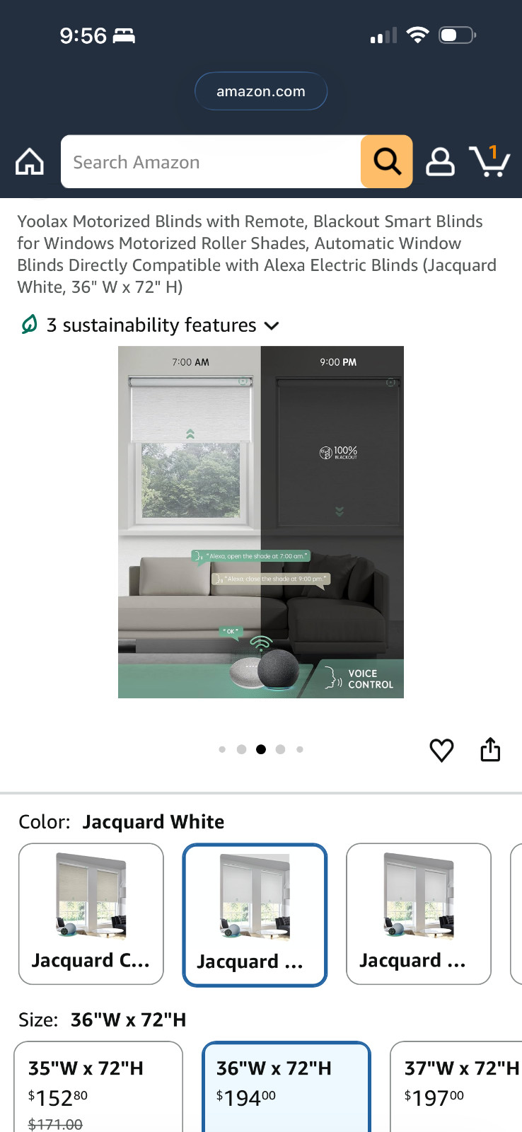 Yoolax 36″x72″ blackout motorited smart blind compatible w/Alexa