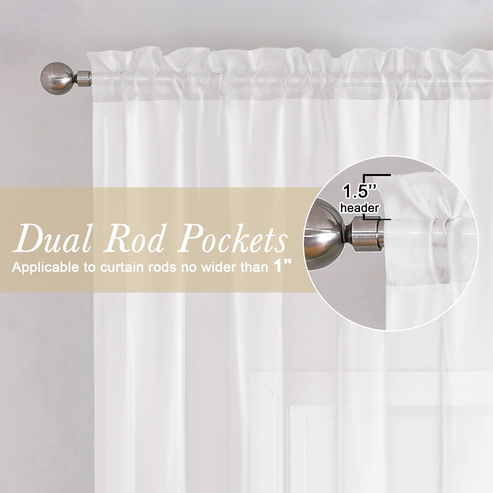 36 Inch Sheer Curtains Tiers 2 PCS with Dual Rod 40″W x 36″L (Pack of 2) White