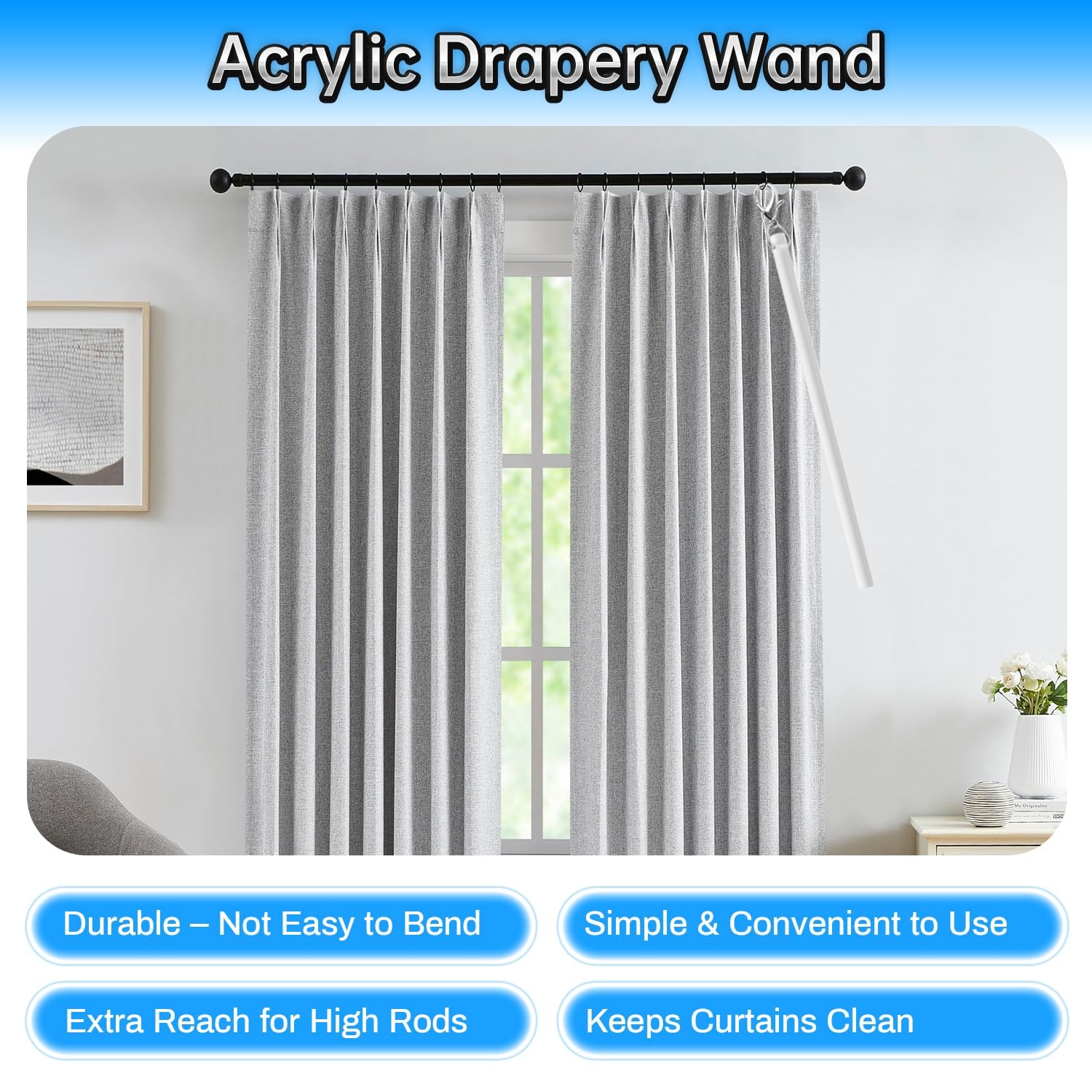 4 Pack 17″ Clear Acrylic Curtain Pull Rod with Hook, Transparent Drapery Wand…