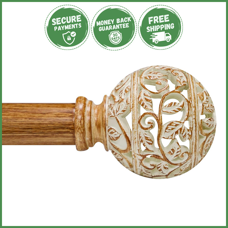 BOHO WOOD DECORATIVE WINDOW CURTAIN RODS Heavy Duty Adjustable 28-48 Inches