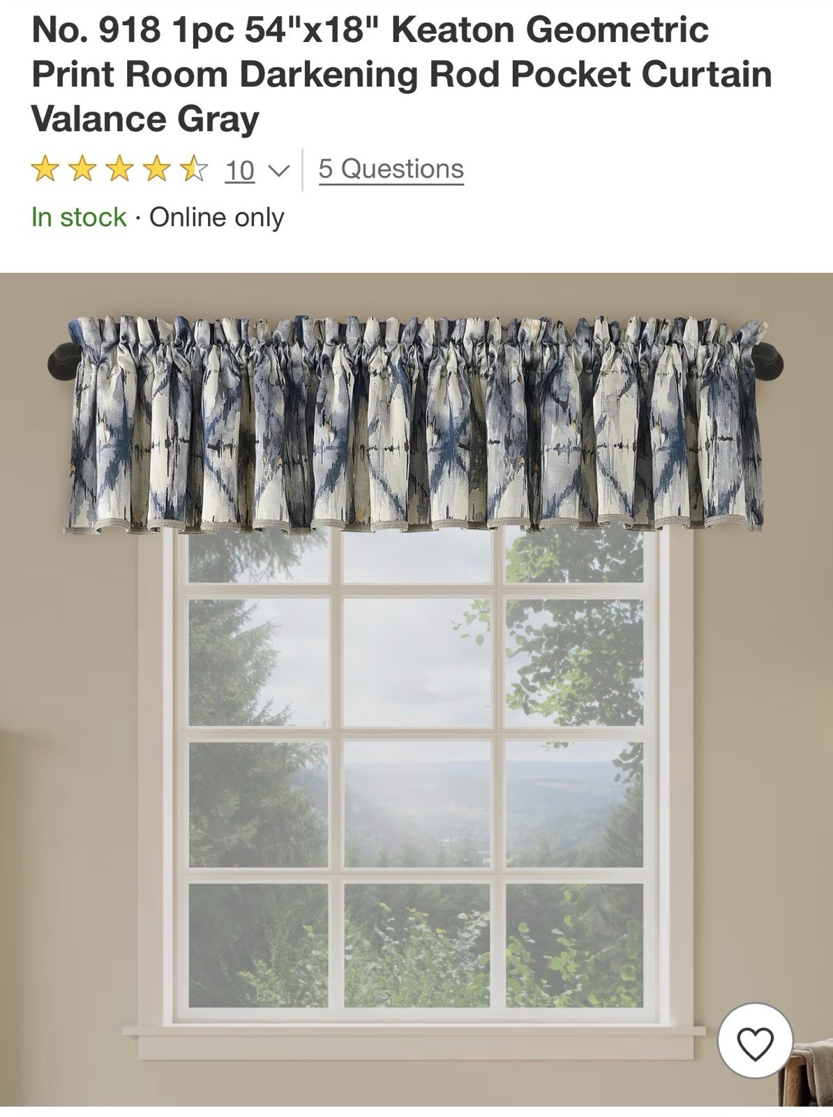 No. 918 Keaton Geometric Room Darkening Rod Pocket Valance Gray 54 x 18 in