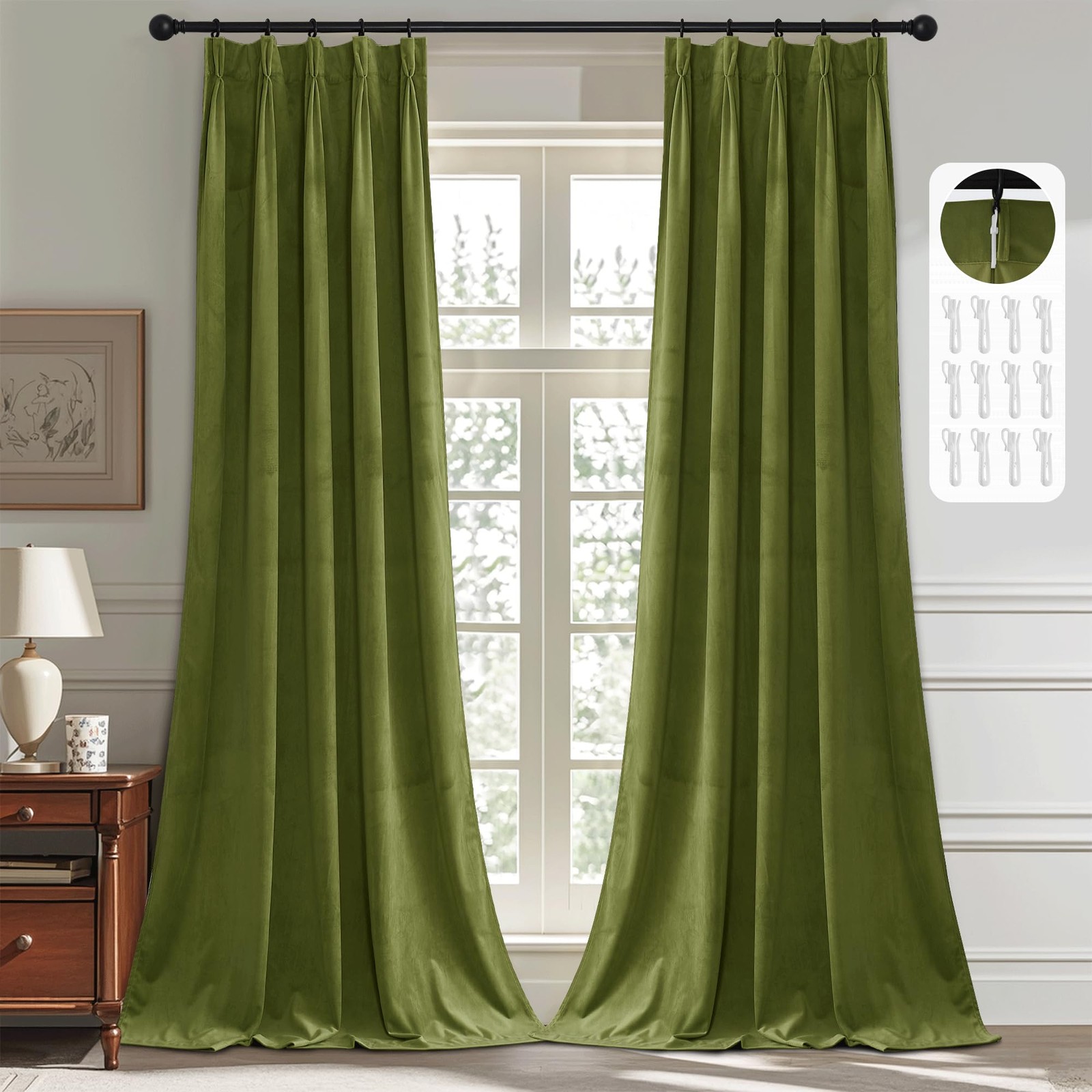StangH Olive Green Velvet Pinch Pleated Curtains 96 inches Long, Block Light …