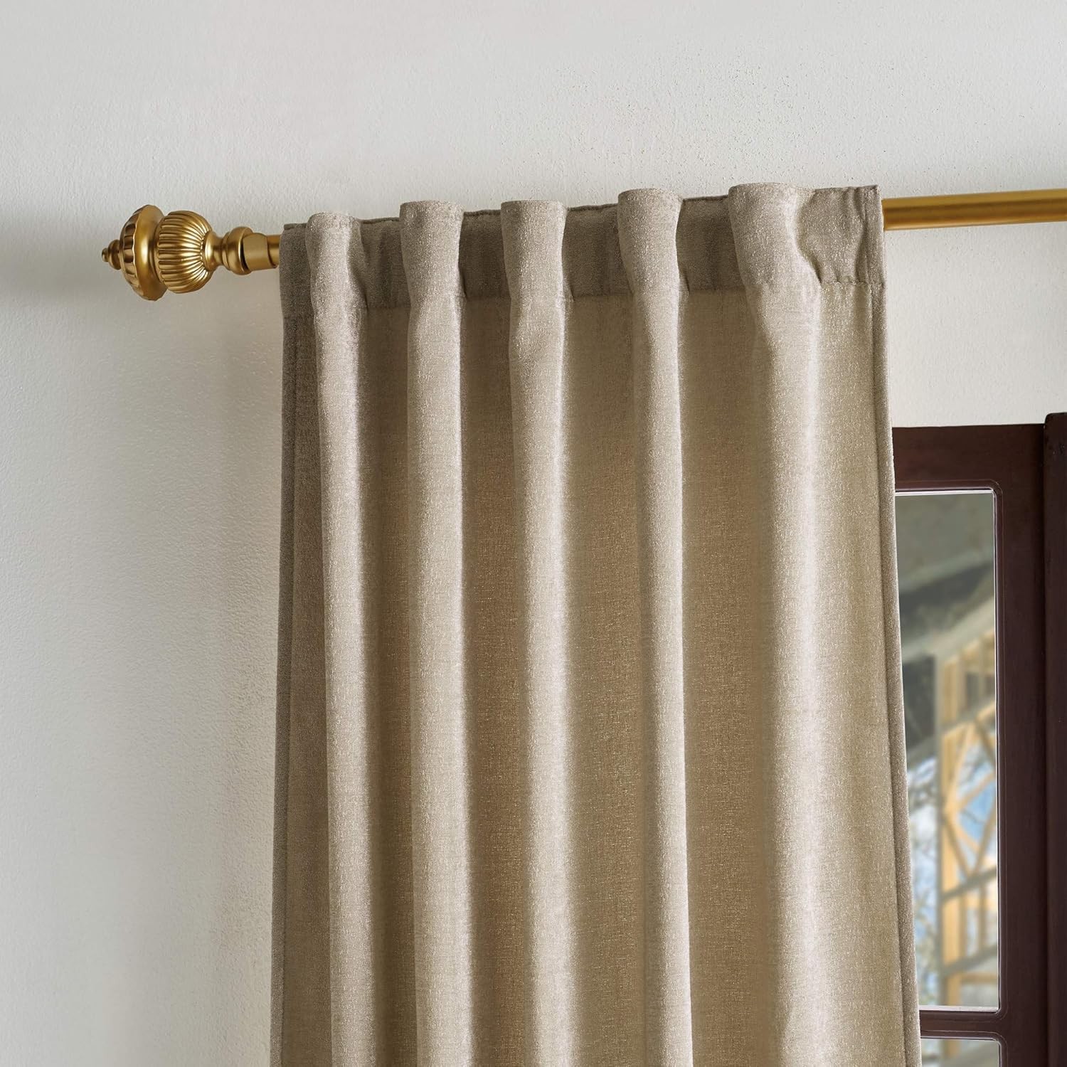 Naples Chenille Solid Back Tab Window Curtain Panel Pair, 95″, Natural