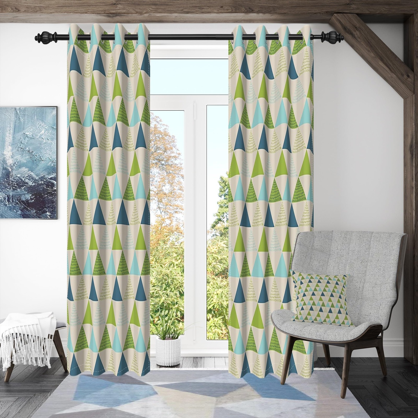 107x160cm Eyelet Curtain Blue Green Triangle Pattern Abstract Tree Art Geometric…