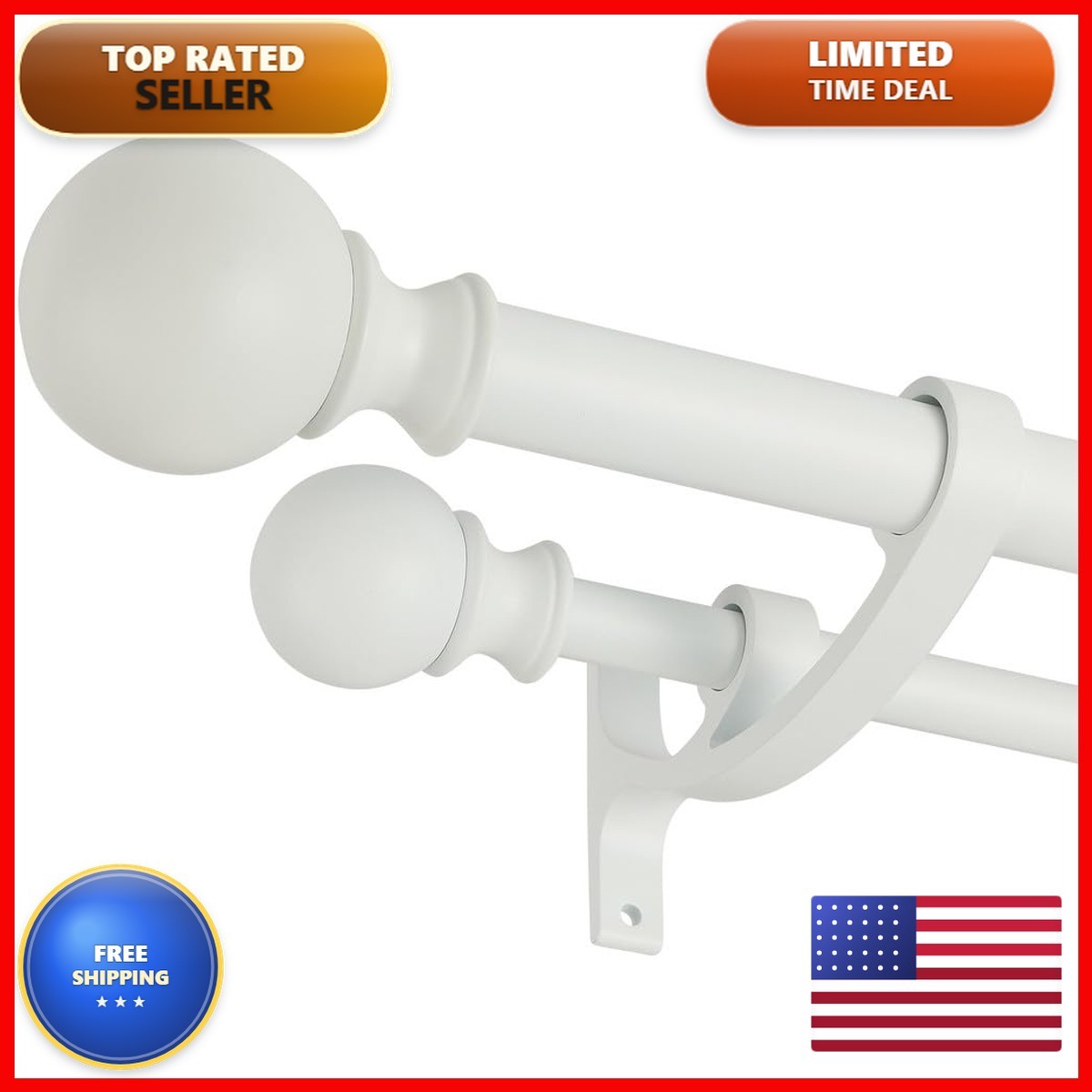 Hosmile Matte White Double Curtain Rods Round Finials 72-144 Inches 1-Inch