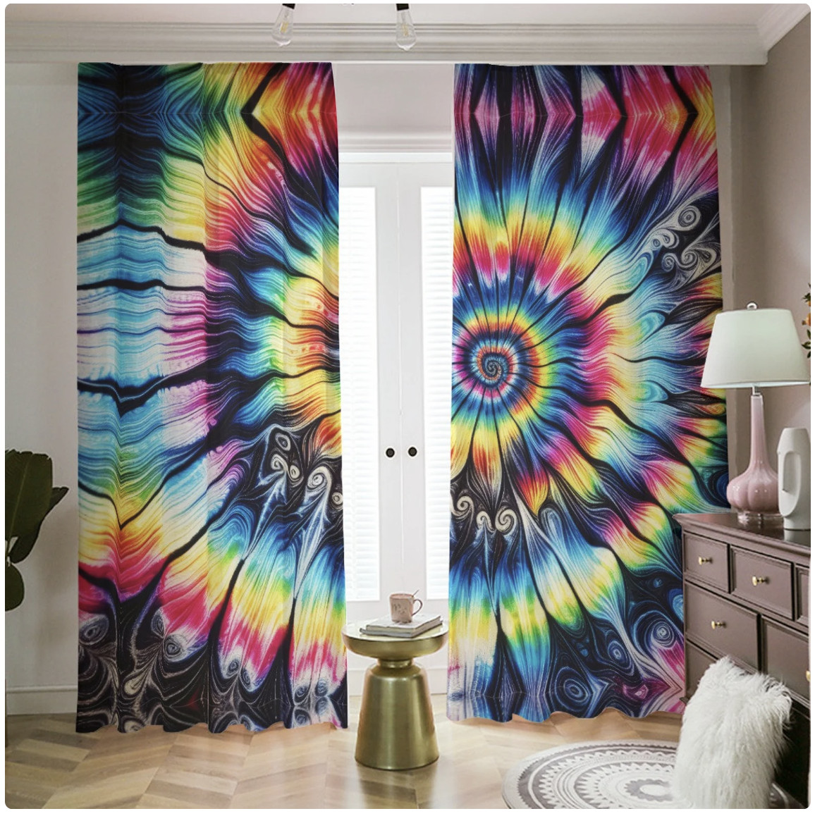 Psychedelic Tie Dye Blackout Curtains Black Out Rainbow Spiral Tied Dyed
