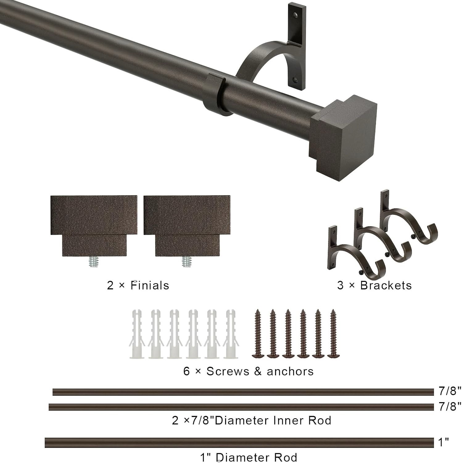 Single Curtain Rods for Windows 72 to 144 Inch(12ft),1 Inch Diameter Antique Bro